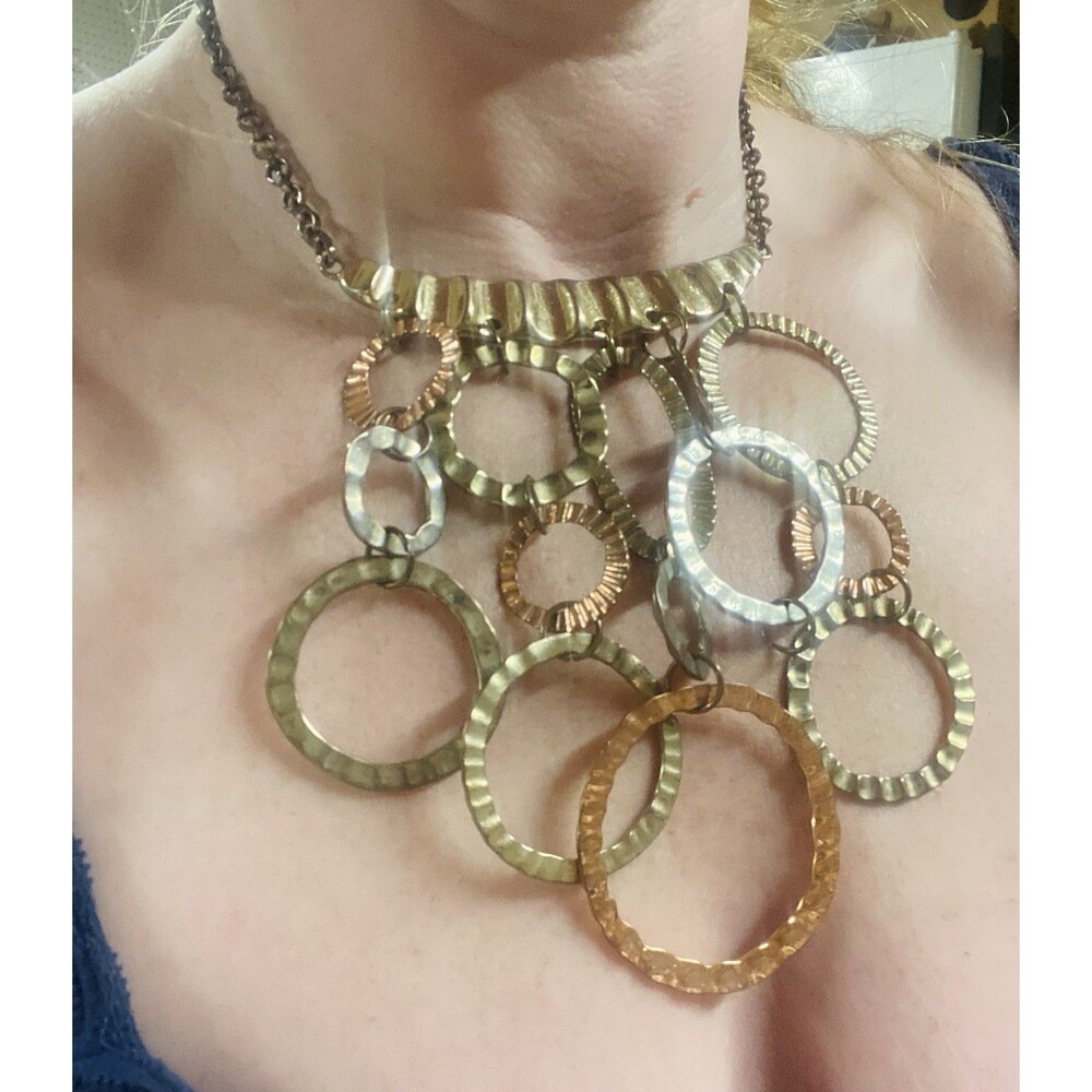 Chicos Statement Collar Necklace Chunky Gold Bronze Cascading Hoops Textured